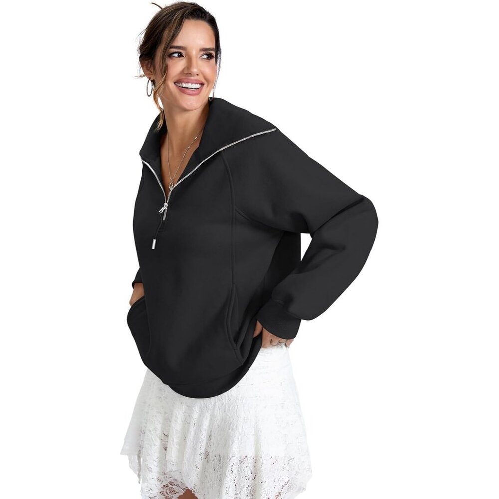 Women's Fleece Lined Zip Pocket Long Sleeve Sweatshirts Hoodies Tops Black - Picture 4 of 7